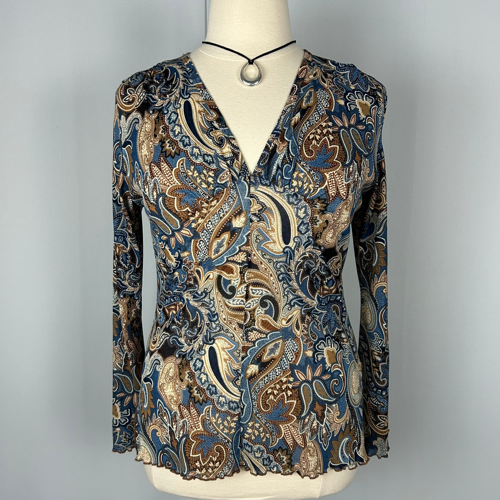 Vtg Y2K Top Size XL Blue Brown Paisley Bell Sleeve Babydoll Boho Fairy Grunge
